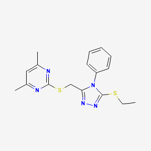 molecular formula C17H19N5S2 B2751741 2-[(5-Ethylsulfanyl-4-phenyl-1,2,4-triazol-3-yl)methylsulfanyl]-4,6-dimethylpyrimidine CAS No. 868222-08-6
