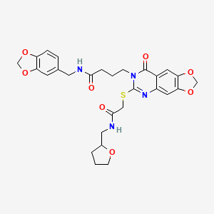 molecular formula C28H30N4O8S B2751743 N-(1,3-benzodioxol-5-ylmethyl)-4-[8-oxo-6-({2-oxo-2-[(tetrahydrofuran-2-ylmethyl)amino]ethyl}thio)[1,3]dioxolo[4,5-g]quinazolin-7(8H)-yl]butanamide CAS No. 688060-26-6
