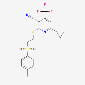 molecular formula C19H17F3N2O2S2 B2751750 2-[(2-Tosylethyl)thio]-4-(trifluoromethyl)-6-cyclopropylpyridine-3-carbonitrile CAS No. 625377-24-4