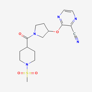 molecular formula C16H21N5O4S B2751777 3-((1-(1-(Methylsulfonyl)piperidine-4-carbonyl)pyrrolidin-3-yl)oxy)pyrazine-2-carbonitrile CAS No. 2034281-68-8