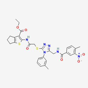 molecular formula C30H30N6O6S2 B2751797 ethyl 2-(2-((5-((4-methyl-3-nitrobenzamido)methyl)-4-(m-tolyl)-4H-1,2,4-triazol-3-yl)thio)acetamido)-5,6-dihydro-4H-cyclopenta[b]thiophene-3-carboxylate CAS No. 393850-20-9