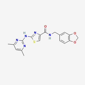 molecular formula C18H17N5O3S B2751827 N-(benzo[d][1,3]dioxol-5-ylmethyl)-2-((4,6-dimethylpyrimidin-2-yl)amino)thiazole-4-carboxamide CAS No. 1251565-51-1