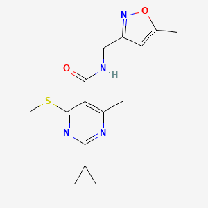 molecular formula C15H18N4O2S B2751899 2-Cyclopropyl-4-methyl-N-[(5-methyl-1,2-oxazol-3-yl)methyl]-6-methylsulfanylpyrimidine-5-carboxamide CAS No. 1436197-16-8