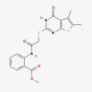 molecular formula C18H17N3O4S2 B2751984 methyl 2-[[2-[(5,6-dimethyl-4-oxo-3H-thieno[2,3-d]pyrimidin-2-yl)sulfanyl]acetyl]amino]benzoate CAS No. 494826-15-2