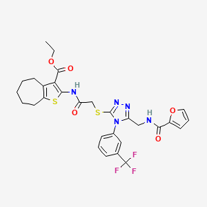 molecular formula C29H28F3N5O5S2 B2751993 ethyl 2-[[2-[[5-[(furan-2-carbonylamino)methyl]-4-[3-(trifluoromethyl)phenyl]-1,2,4-triazol-3-yl]sulfanyl]acetyl]amino]-5,6,7,8-tetrahydro-4H-cyclohepta[b]thiophene-3-carboxylate CAS No. 393806-62-7