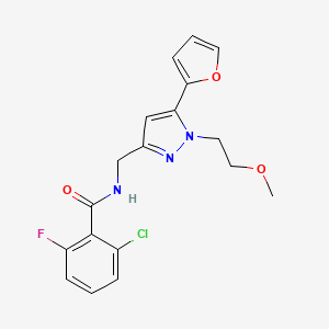molecular formula C18H17ClFN3O3 B2752022 2-chloro-6-fluoro-N-((5-(furan-2-yl)-1-(2-methoxyethyl)-1H-pyrazol-3-yl)methyl)benzamide CAS No. 1421474-26-1