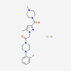 molecular formula C22H30ClFN6O2 B2752087 1-(4-(2-fluorophenyl)piperazin-1-yl)-2-(5-methyl-3-(4-methylpiperazine-1-carbonyl)-1H-pyrazol-1-yl)ethanone hydrochloride CAS No. 1331304-76-7