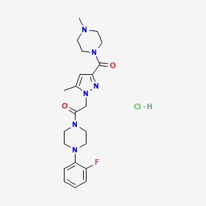 molecular formula C22H30ClFN6O2 B2752087 1-(4-(2-氟苯基)哌嗪-1-基)-2-(5-甲基-3-(4-甲基哌嗪-1-甲酰)-1H-吡唑-1-基)乙酮盐酸盐 CAS No. 1331304-76-7