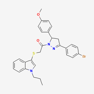 molecular formula C29H28BrN3O2S B2752166 1-(3-(4-bromophenyl)-5-(4-methoxyphenyl)-4,5-dihydro-1H-pyrazol-1-yl)-2-((1-propyl-1H-indol-3-yl)thio)ethanone CAS No. 681217-10-7