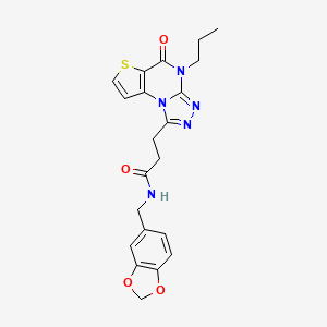 molecular formula C21H21N5O4S B2752194 N-(1,3-benzodioxol-5-ylmethyl)-3-(5-oxo-4-propyl-4,5-dihydrothieno[2,3-e][1,2,4]triazolo[4,3-a]pyrimidin-1-yl)propanamide CAS No. 1189496-25-0