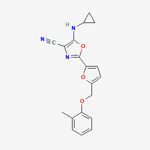 molecular formula C19H17N3O3 B2752203 5-(cyclopropylamino)-2-{5-[(2-methylphenoxy)methyl]furan-2-yl}-1,3-oxazole-4-carbonitrile CAS No. 941912-34-1