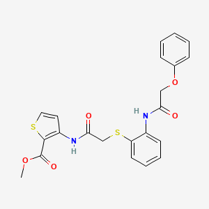 molecular formula C22H20N2O5S2 B2752232 甲基-3-[[2-[2-[(2-苯氧乙酰)氨基]苯基]硫代乙酰]氨基]噻吩-2-羧酸甲酯 CAS No. 866038-87-1