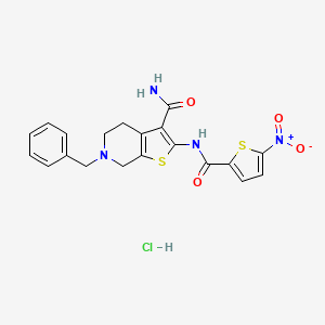 molecular formula C20H19ClN4O4S2 B2752239 6-Benzyl-2-(5-nitrothiophene-2-carboxamido)-4,5,6,7-tetrahydrothieno[2,3-c]pyridine-3-carboxamide hydrochloride CAS No. 1216591-03-5