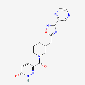 molecular formula C17H17N7O3 B2752289 6-(3-((3-(pyrazin-2-yl)-1,2,4-oxadiazol-5-yl)methyl)piperidine-1-carbonyl)pyridazin-3(2H)-one CAS No. 1705996-36-6