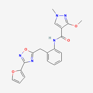 molecular formula C19H17N5O4 B2752373 N-(2-((3-(furan-2-yl)-1,2,4-oxadiazol-5-yl)methyl)phenyl)-3-methoxy-1-methyl-1H-pyrazole-4-carboxamide CAS No. 1797858-95-7