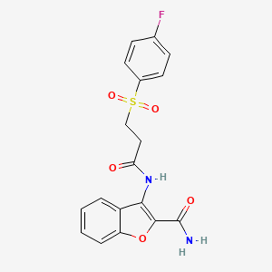 molecular formula C18H15FN2O5S B2752439 3-(3-((4-Fluorophenyl)sulfonyl)propanamido)benzofuran-2-carboxamide CAS No. 895477-61-9