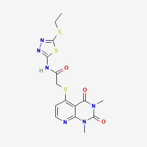 molecular formula C15H16N6O3S3 B2752465 2-((1,3-二甲基-2,4-二氧代-1,2,3,4-四氢吡啶[2,3-d]嘧啶-5-基)硫代)-N-(5-(乙硫代)-1,3,4-噻二唑-2-基)乙酰胺 CAS No. 899988-14-8