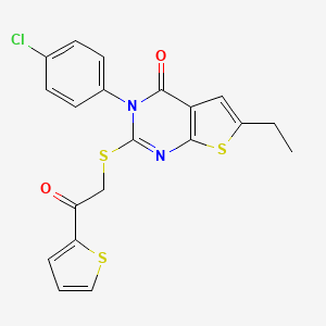 molecular formula C20H15ClN2O2S3 B2752498 3-(4-Chlorophenyl)-6-ethyl-2-(2-oxo-2-thiophen-2-ylethyl)sulfanylthieno[2,3-d]pyrimidin-4-one CAS No. 710289-37-5