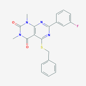 molecular formula C21H17FN4O2S B2752530 5-苄基硫代-7-(3-氟苯基)-1,3-二甲基嘧啶并[4,5-d]嘧啶-2,4-二酮 CAS No. 872854-57-4