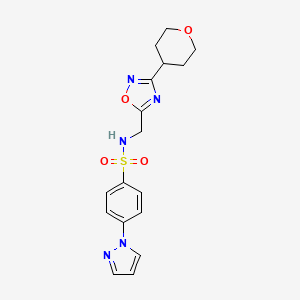 molecular formula C17H19N5O4S B2752609 4-(1H-pyrazol-1-yl)-N-((3-(tetrahydro-2H-pyran-4-yl)-1,2,4-oxadiazol-5-yl)methyl)benzenesulfonamide CAS No. 2034292-15-2
