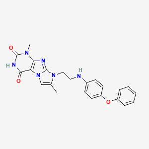 molecular formula C23H22N6O3 B2752693 1,7-dimethyl-8-(2-((4-phenoxyphenyl)amino)ethyl)-1H-imidazo[2,1-f]purine-2,4(3H,8H)-dione CAS No. 923151-73-9