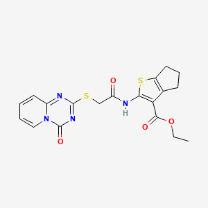 molecular formula C19H18N4O4S2 B2752754 ethyl 2-(2-((4-oxo-4H-pyrido[1,2-a][1,3,5]triazin-2-yl)thio)acetamido)-5,6-dihydro-4H-cyclopenta[b]thiophene-3-carboxylate CAS No. 896329-21-8