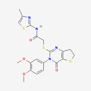 molecular formula C20H20N4O4S3 B2752929 2-((3-(3,4-dimethoxyphenyl)-4-oxo-3,4,6,7-tetrahydrothieno[3,2-d]pyrimidin-2-yl)thio)-N-(4-methylthiazol-2-yl)acetamide CAS No. 877656-06-9