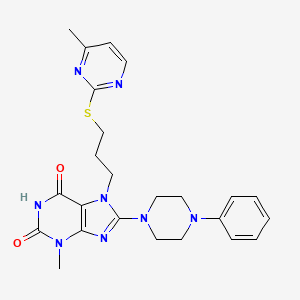 molecular formula C24H28N8O2S B2752992 3-methyl-7-(3-((4-methylpyrimidin-2-yl)thio)propyl)-8-(4-phenylpiperazin-1-yl)-1H-purine-2,6(3H,7H)-dione CAS No. 872623-58-0