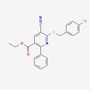 molecular formula C22H17ClN2O2S B2752994 Ethyl 6-((4-chlorobenzyl)sulfanyl)-5-cyano-2-phenylnicotinate CAS No. 306980-04-1