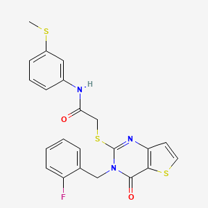 molecular formula C22H18FN3O2S3 B2753001 2-{[3-(2-fluorobenzyl)-4-oxo-3,4-dihydrothieno[3,2-d]pyrimidin-2-yl]sulfanyl}-N-[3-(methylsulfanyl)phenyl]acetamide CAS No. 1252822-54-0