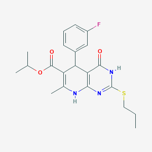 molecular formula C21H24FN3O3S B2753039 丙酸异丙酯5-(3-氟苯基)-7-甲基-4-氧代-2-(丙硫基)-3,4,5,8-四氢喹啉并[2,3-d]嘧啶-6-羧酸酯 CAS No. 923878-76-6
