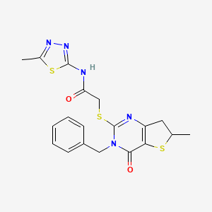 molecular formula C19H19N5O2S3 B2753073 2-((3-benzyl-6-methyl-4-oxo-3,4,6,7-tetrahydrothieno[3,2-d]pyrimidin-2-yl)thio)-N-(5-methyl-1,3,4-thiadiazol-2-yl)acetamide CAS No. 689262-66-6