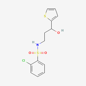 molecular formula C13H14ClNO3S2 B2753206 2-chloro-N-(3-hydroxy-3-(thiophen-2-yl)propyl)benzenesulfonamide CAS No. 1421483-78-4