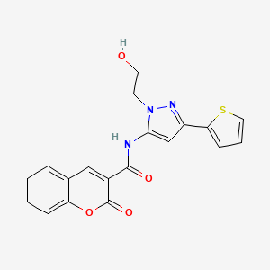 molecular formula C19H15N3O4S B2753260 N-(1-(2-hydroxyethyl)-3-(thiophen-2-yl)-1H-pyrazol-5-yl)-2-oxo-2H-chromene-3-carboxamide CAS No. 1219912-55-6