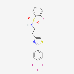 molecular formula C18H14F4N2O2S2 B2753272 2-fluoro-N-(2-(2-(4-(trifluoromethyl)phenyl)thiazol-4-yl)ethyl)benzenesulfonamide CAS No. 896679-17-7