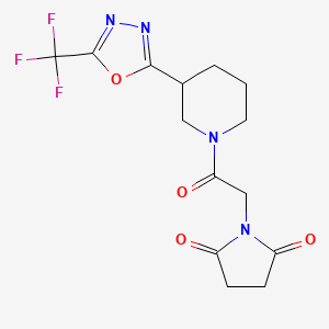 molecular formula C14H15F3N4O4 B2753284 1-(2-Oxo-2-(3-(5-(trifluoromethyl)-1,3,4-oxadiazol-2-yl)piperidin-1-yl)ethyl)pyrrolidine-2,5-dione CAS No. 1396867-28-9