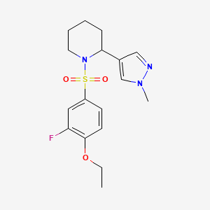 molecular formula C17H22FN3O3S B2753296 1-((4-ethoxy-3-fluorophenyl)sulfonyl)-2-(1-methyl-1H-pyrazol-4-yl)piperidine CAS No. 2034512-67-7