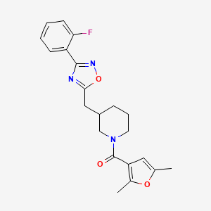 molecular formula C21H22FN3O3 B2753340 (2,5-Dimethylfuran-3-yl)(3-((3-(2-fluorophenyl)-1,2,4-oxadiazol-5-yl)methyl)piperidin-1-yl)methanone CAS No. 1706316-07-5
