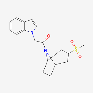 molecular formula C18H22N2O3S B2753368 2-(1H-吲哚-1-基)-1-((1R,5S)-3-(甲磺基)-8-氮杂双环[3.2.1]辛-8-基)乙酮 CAS No. 1705784-67-3