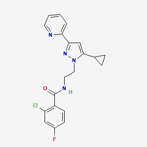 molecular formula C20H18ClFN4O B2753371 2-chloro-N-(2-(5-cyclopropyl-3-(pyridin-2-yl)-1H-pyrazol-1-yl)ethyl)-4-fluorobenzamide CAS No. 1796989-83-7