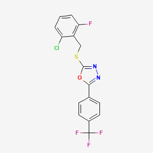 molecular formula C16H9ClF4N2OS B2753389 2-[(2-Chloro-6-fluorobenzyl)sulfanyl]-5-[4-(trifluoromethyl)phenyl]-1,3,4-oxadiazole CAS No. 477857-20-8