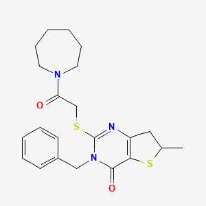 molecular formula C22H27N3O2S2 B2753411 2-((2-(azepan-1-yl)-2-oxoethyl)thio)-3-benzyl-6-methyl-6,7-dihydrothieno[3,2-d]pyrimidin-4(3H)-one CAS No. 689262-59-7