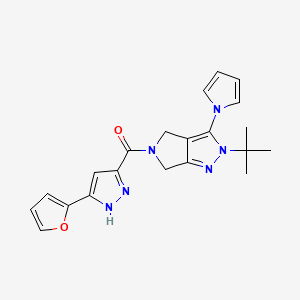 molecular formula C21H22N6O2 B2753424 (2-(tert-butyl)-3-(1H-pyrrol-1-yl)pyrrolo[3,4-c]pyrazol-5(2H,4H,6H)-yl)(3-(furan-2-yl)-1H-pyrazol-5-yl)methanone CAS No. 1305260-20-1