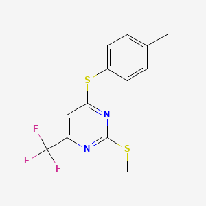 molecular formula C13H11F3N2S2 B2753463 Methyl 4-[(4-methylphenyl)sulfanyl]-6-(trifluoromethyl)-2-pyrimidinyl sulfide CAS No. 303988-36-5