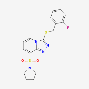 molecular formula C17H17FN4O2S2 B2753512 3-((2-Fluorobenzyl)thio)-8-(pyrrolidin-1-ylsulfonyl)-[1,2,4]triazolo[4,3-a]pyridine CAS No. 1116076-76-6