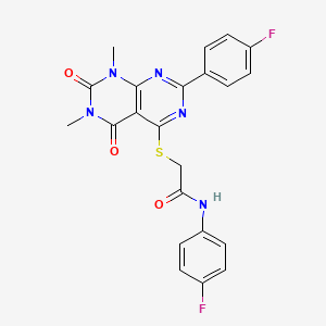 molecular formula C22H17F2N5O3S B2753529 N-(4-fluorophenyl)-2-((2-(4-fluorophenyl)-6,8-dimethyl-5,7-dioxo-5,6,7,8-tetrahydropyrimido[4,5-d]pyrimidin-4-yl)thio)acetamide CAS No. 852170-07-1