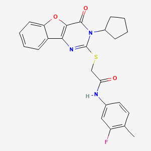 molecular formula C24H22FN3O3S B2753549 2-[(3-环戊基-4-酮-3,4-二氢[1]苯并呋喃[3,2-d]嘧啶-2-基)硫代]-N-(3-氟-4-甲基苯基)乙酰胺 CAS No. 899962-39-1