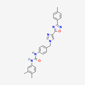 molecular formula C28H26N6O2 B2753558 1-(3,4-dimethylphenyl)-3-(4-((4-(3-(p-tolyl)-1,2,4-oxadiazol-5-yl)-1H-imidazol-1-yl)methyl)phenyl)urea CAS No. 1357735-21-7