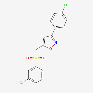 molecular formula C16H11Cl2NO3S B2753585 3-(4-Chlorophenyl)-5-{[(3-chlorophenyl)sulfonyl]methyl}isoxazole CAS No. 343372-66-7
