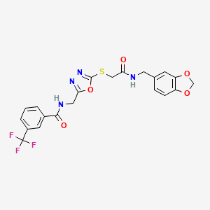 molecular formula C21H17F3N4O5S B2753586 N-((5-((2-((benzo[d][1,3]dioxol-5-ylmethyl)amino)-2-oxoethyl)thio)-1,3,4-oxadiazol-2-yl)methyl)-3-(trifluoromethyl)benzamide CAS No. 872620-79-6